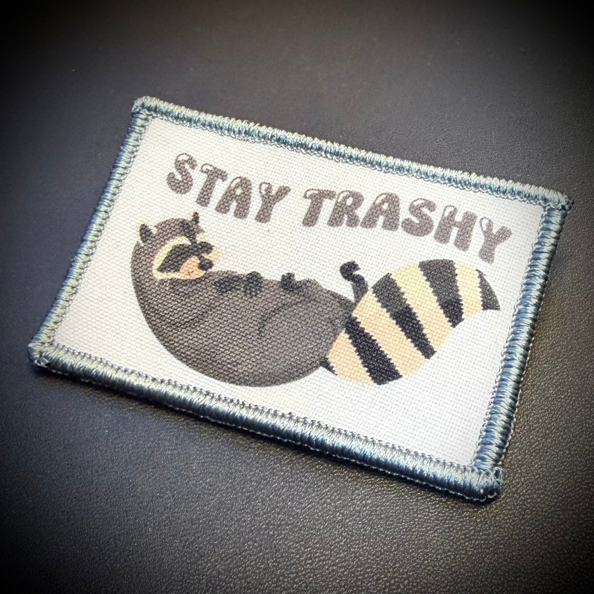 Stay Trashy Raccoon Trash Panda Funny Morale Patch, 2x3" | Made in USA | VELCRO® Brand Hook Backing