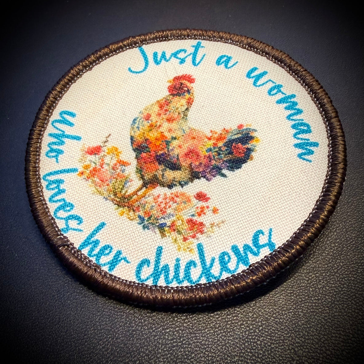Just a Woman Who Loves Her Chickens Printed Patch, 3" Round | VELCRO® Brand Hook Backing