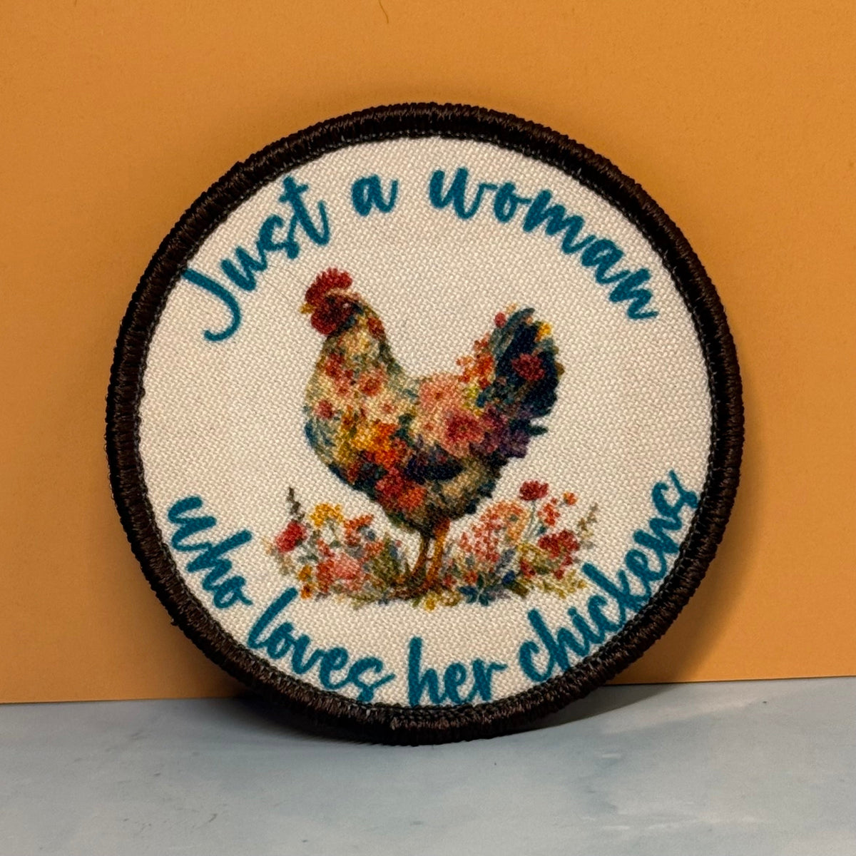 Just a Woman Who Loves Her Chickens Printed Patch, 3" Round | VELCRO® Brand Hook Backing