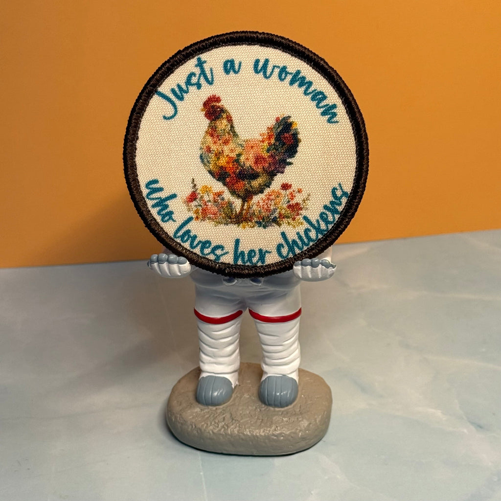 Just a Woman Who Loves Her Chickens Printed Patch, 3" Round | VELCRO® Brand Hook Backing