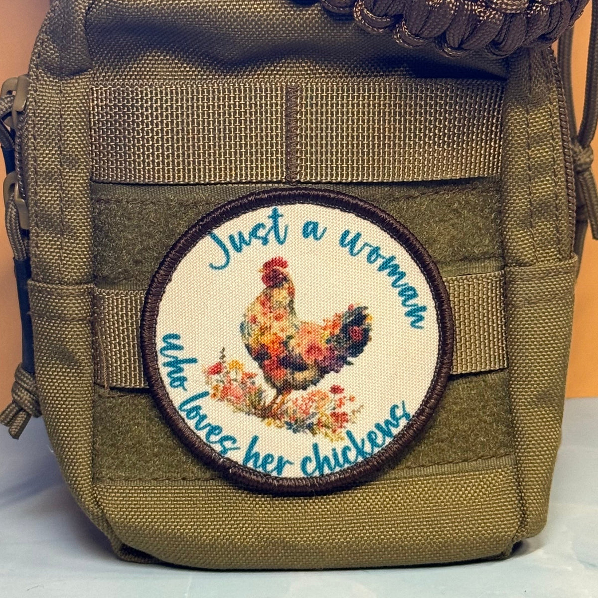 Just a Woman Who Loves Her Chickens Printed Patch, 3" Round | VELCRO® Brand Hook Backing