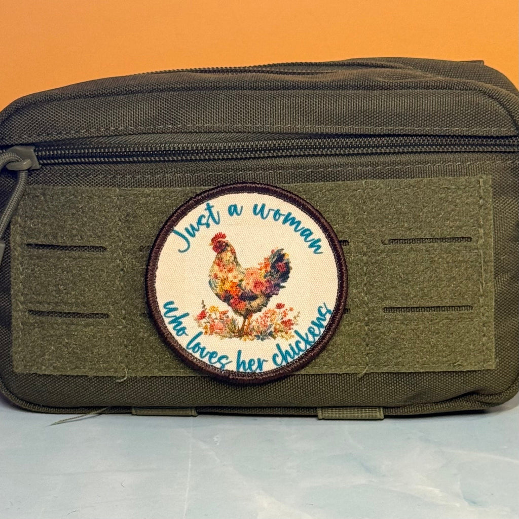 Just a Woman Who Loves Her Chickens Printed Patch, 3" Round | VELCRO® Brand Hook Backing