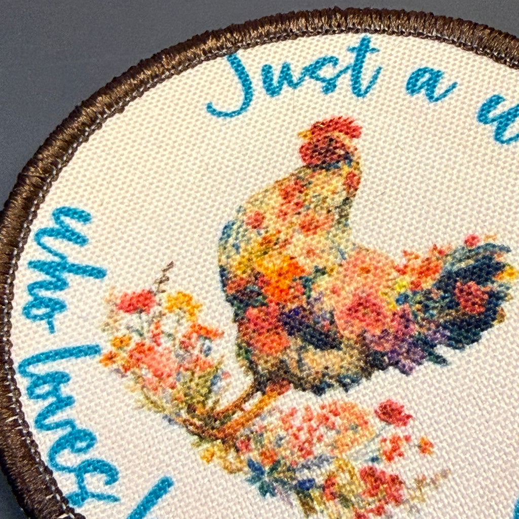 Just a Woman Who Loves Her Chickens Printed Patch, 3" Round | VELCRO® Brand Hook Backing