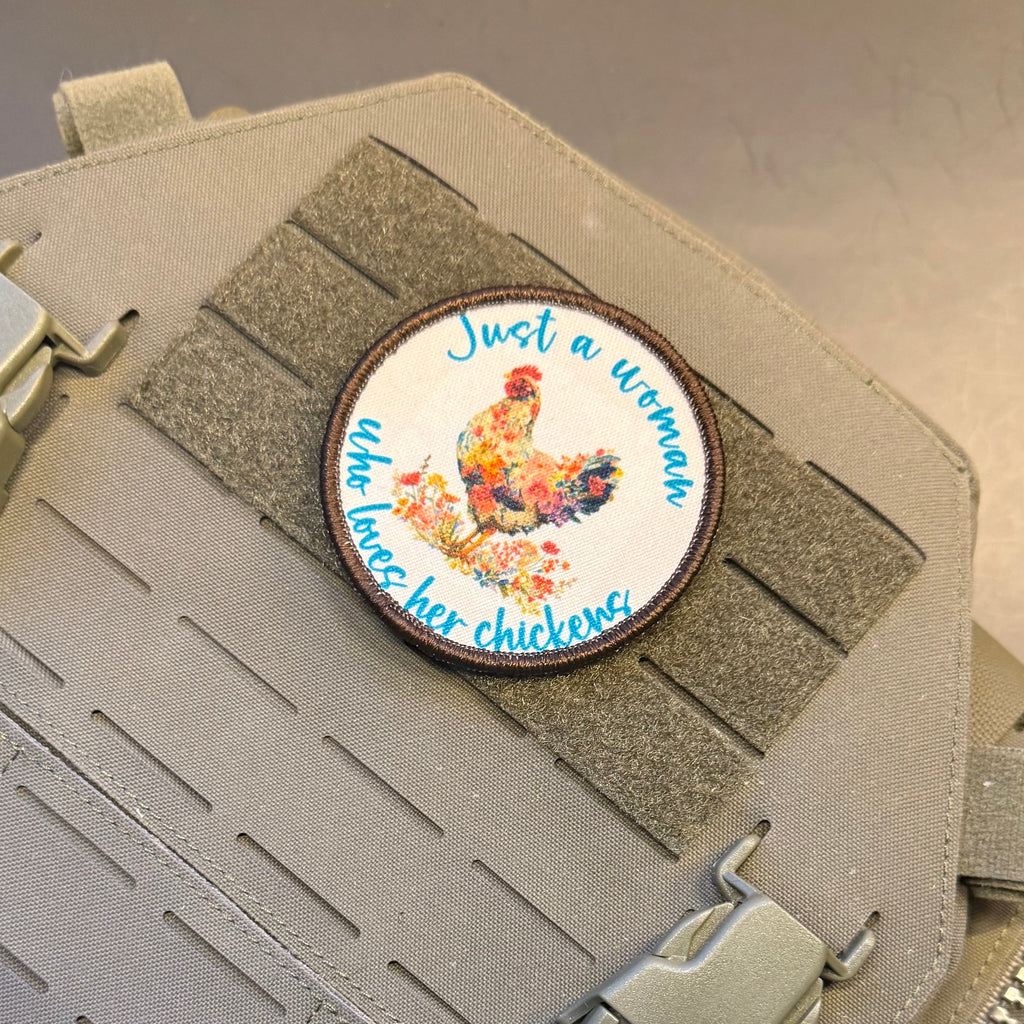 Just a Woman Who Loves Her Chickens Printed Patch, 3" Round | VELCRO® Brand Hook Backing