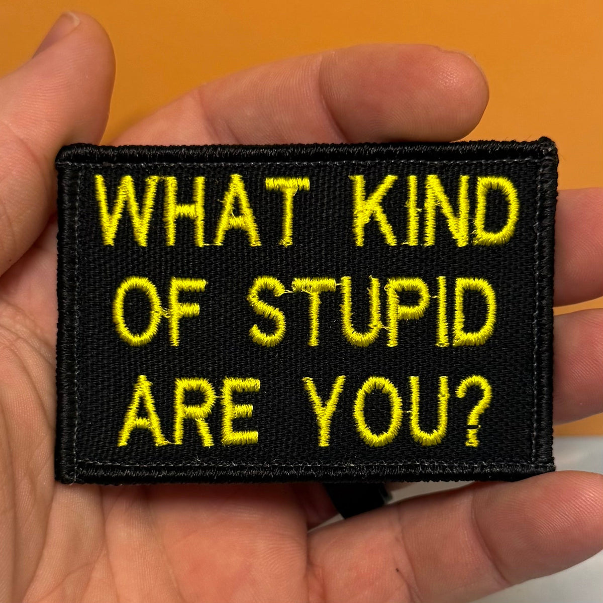 What Kind of Stupid Are You Funny Embroidered Morale Patch, 2x3" | VELCRO® Brand Hook Backing