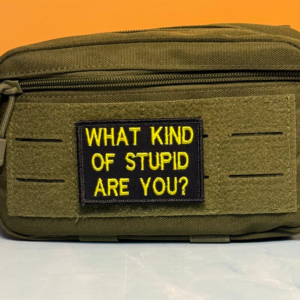 What Kind of Stupid Are You Funny Embroidered Morale Patch, 2x3" | VELCRO® Brand Hook Backing