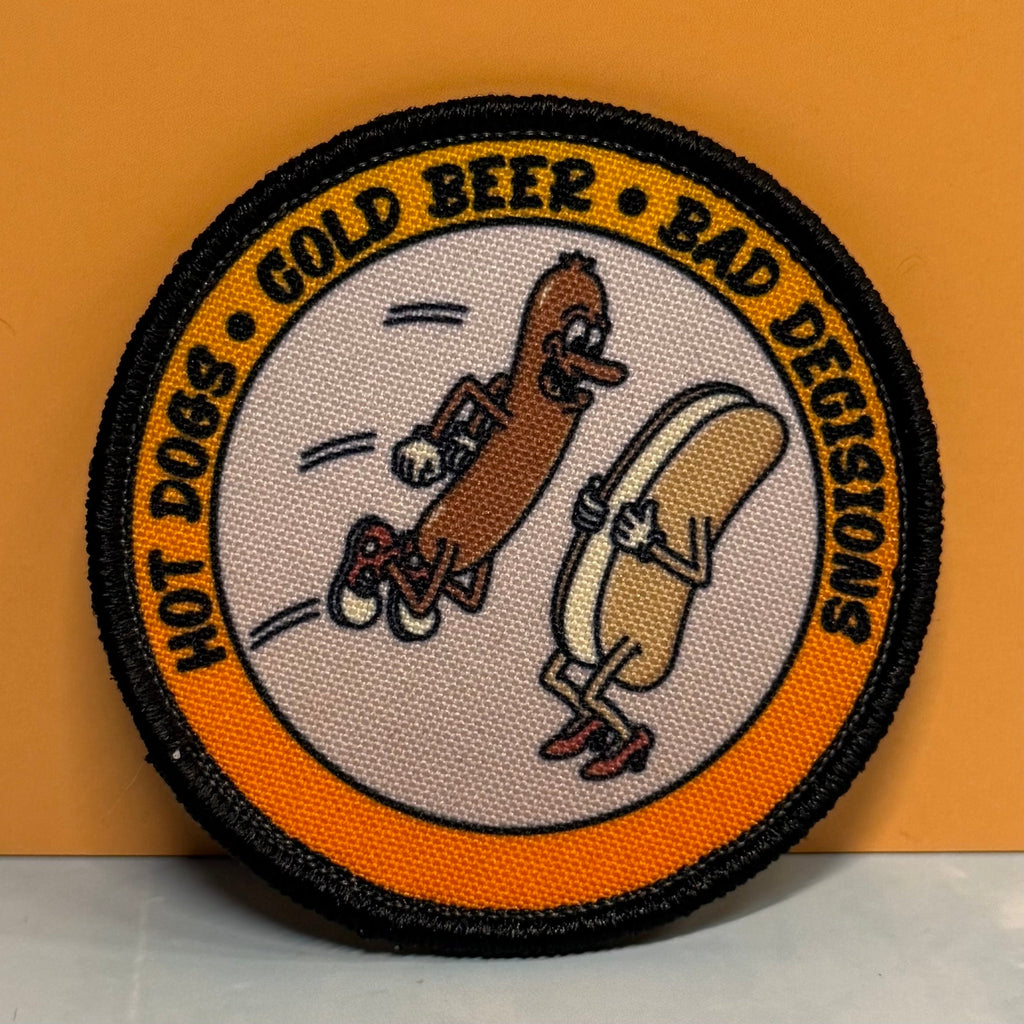 Hot Dogs, Cold Beer and Bad Decisions Funny Morale Patch | Made in USA | VELCRO® Brand Hook Backing