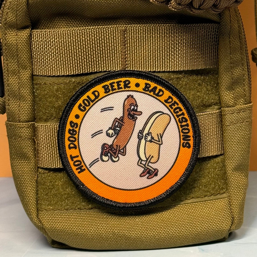 Hot Dogs, Cold Beer and Bad Decisions Funny Morale Patch | Made in USA | VELCRO® Brand Hook Backing