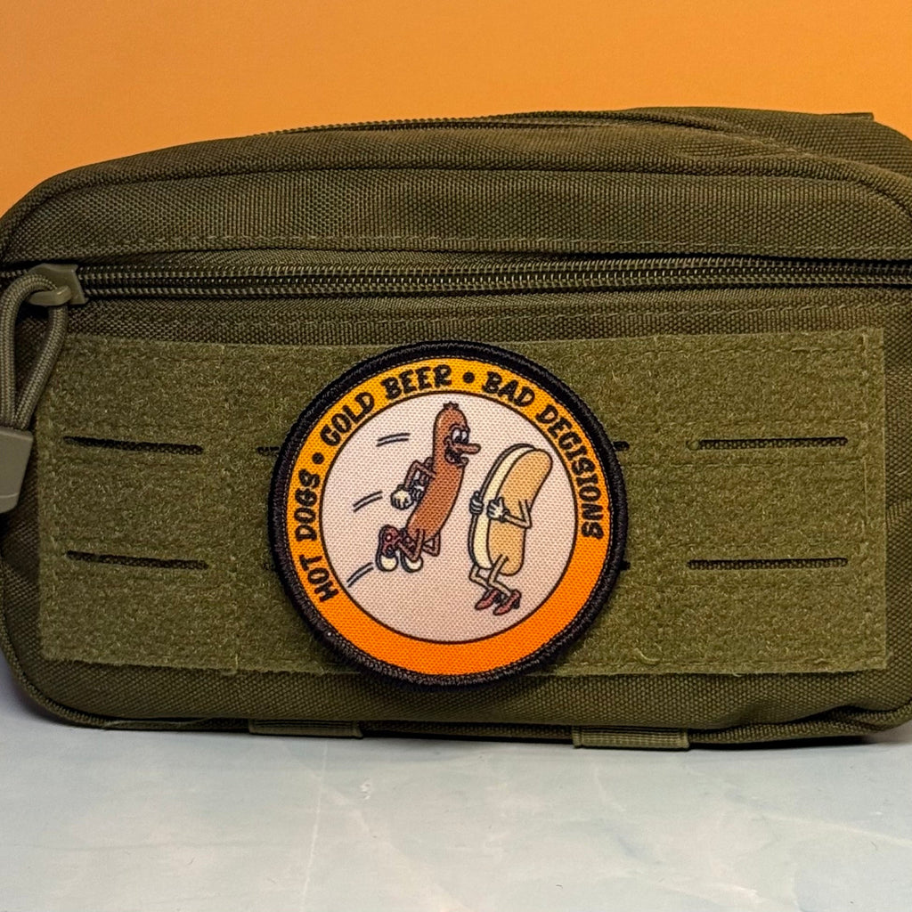 Hot Dogs, Cold Beer and Bad Decisions Funny Morale Patch | Made in USA | VELCRO® Brand Hook Backing