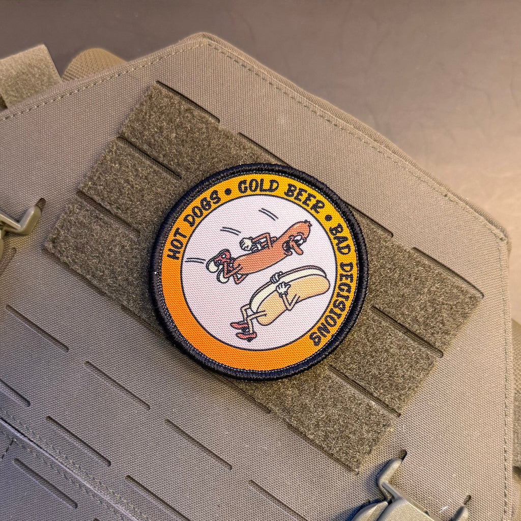 Hot Dogs, Cold Beer and Bad Decisions Funny Morale Patch | Made in USA | VELCRO® Brand Hook Backing