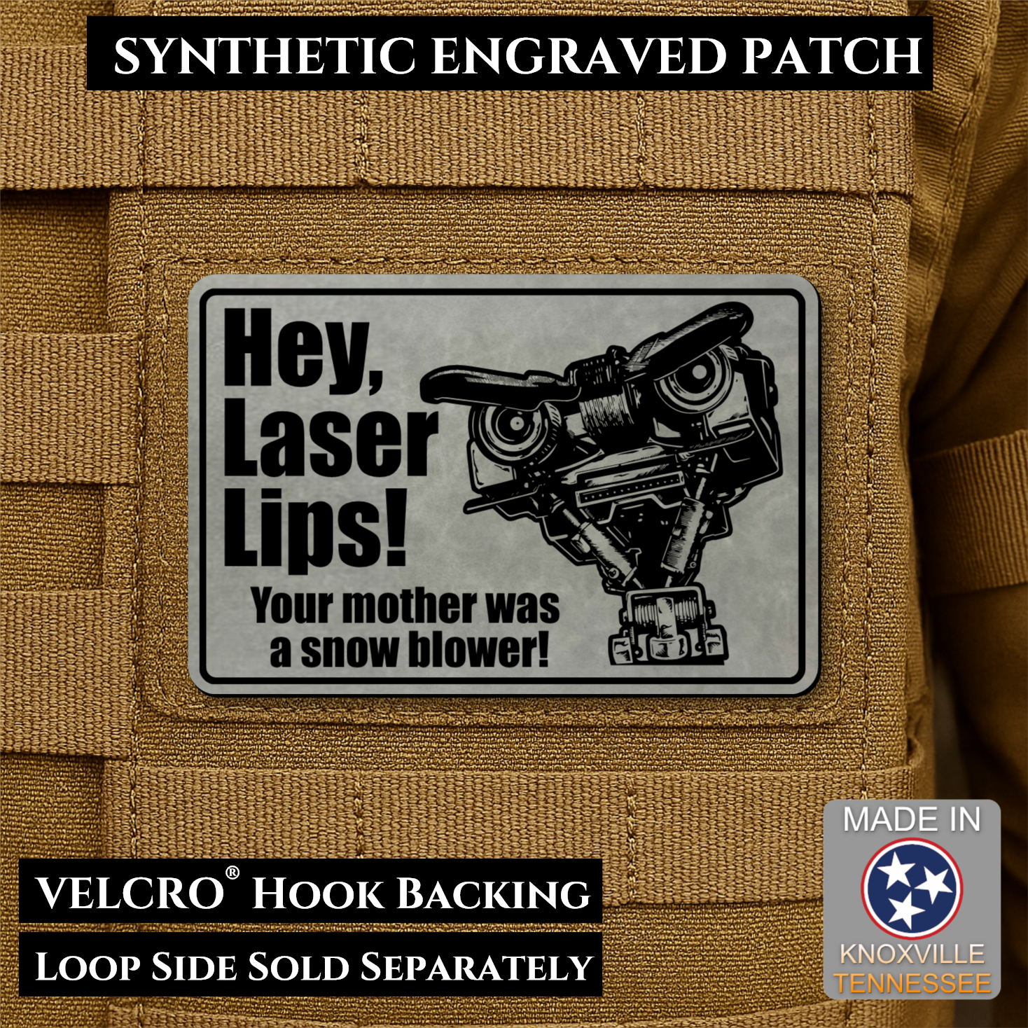 Hey Laser Lips, Johnny 5 Retro Funny Morale Patch, 2x3" | Made in USA | VELCRO® Brand Hook Backing