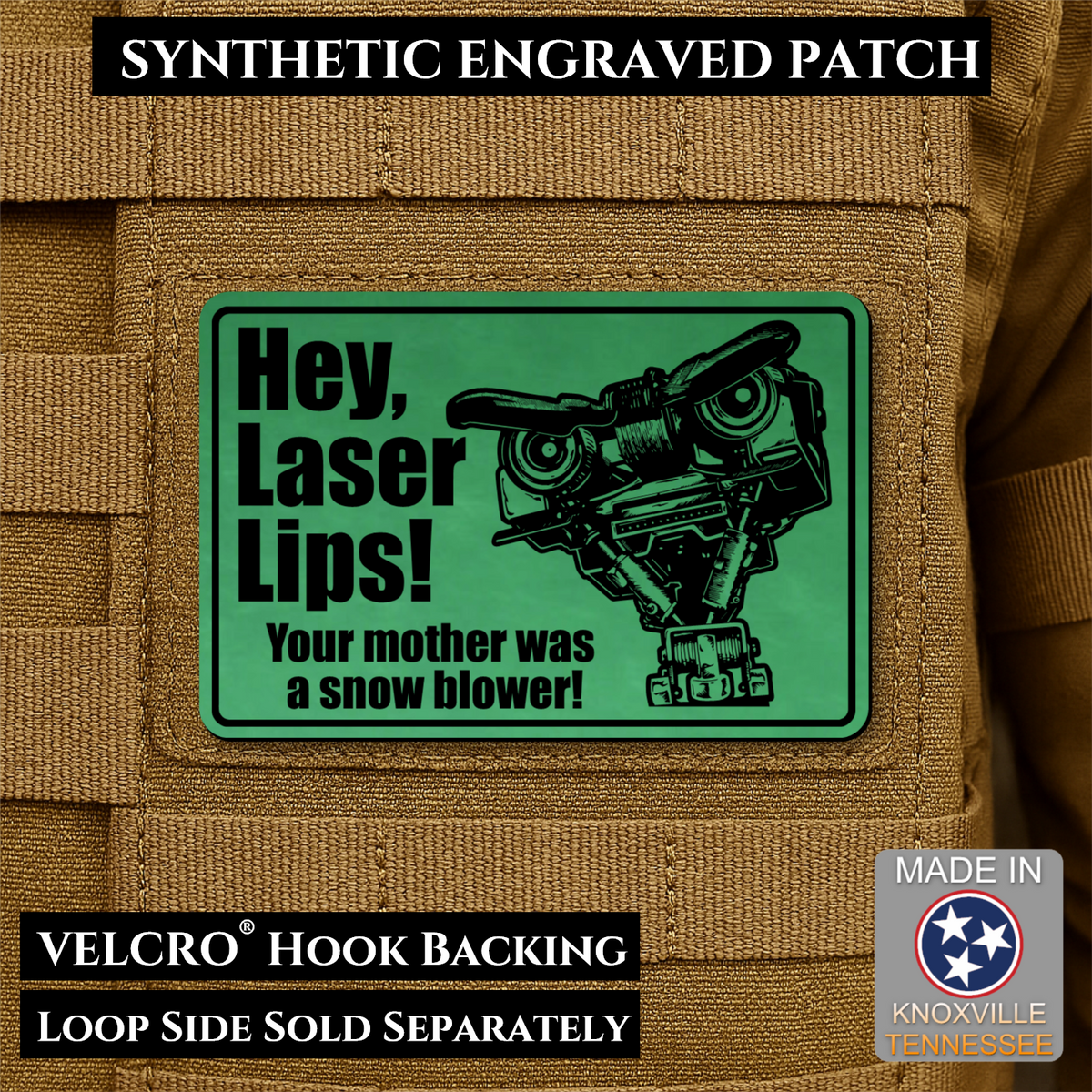 Hey Laser Lips, Johnny 5 Retro Funny Morale Patch, 2x3" | Made in USA | VELCRO® Brand Hook Backing