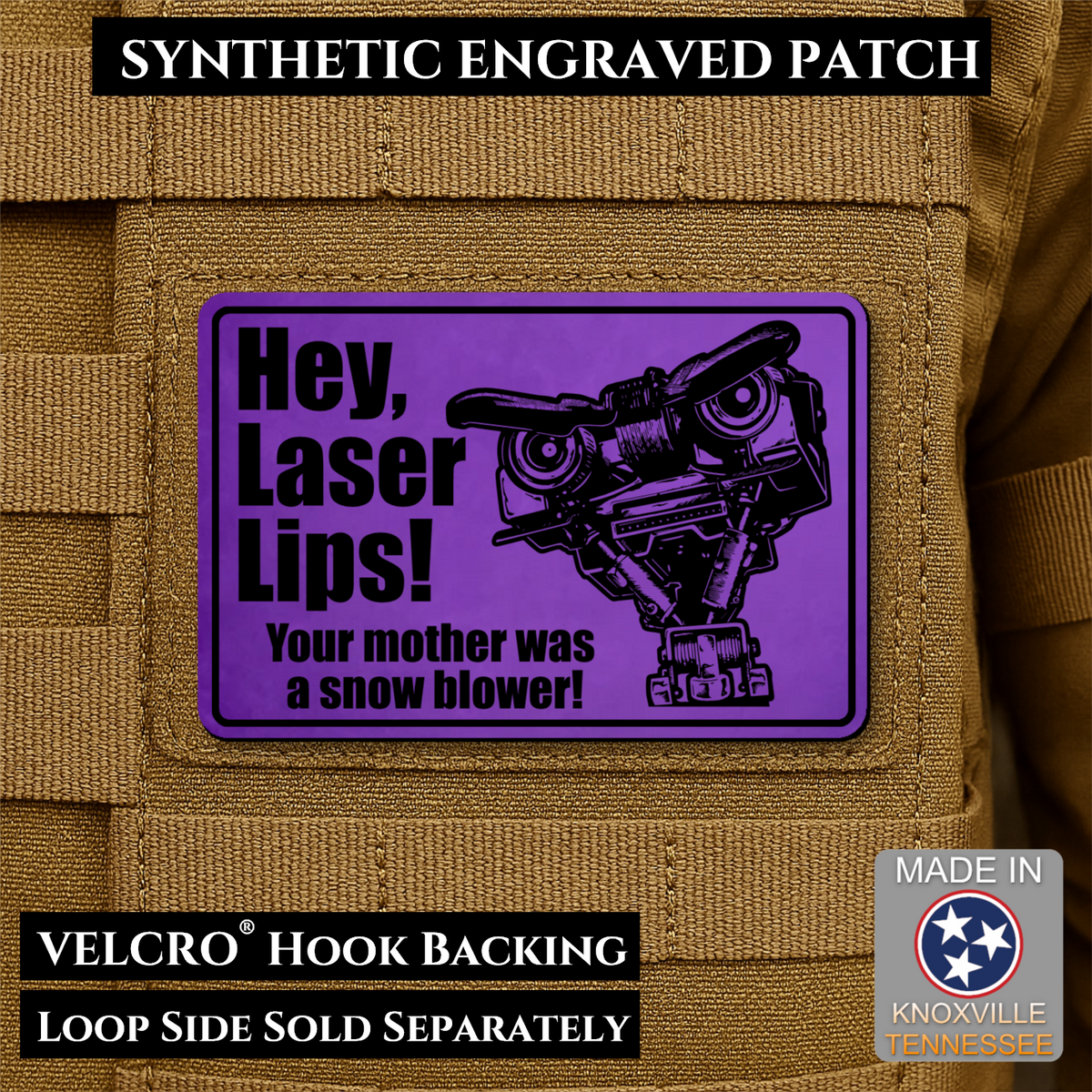 Hey Laser Lips, Johnny 5 Retro Funny Morale Patch, 2x3" | Made in USA | VELCRO® Brand Hook Backing