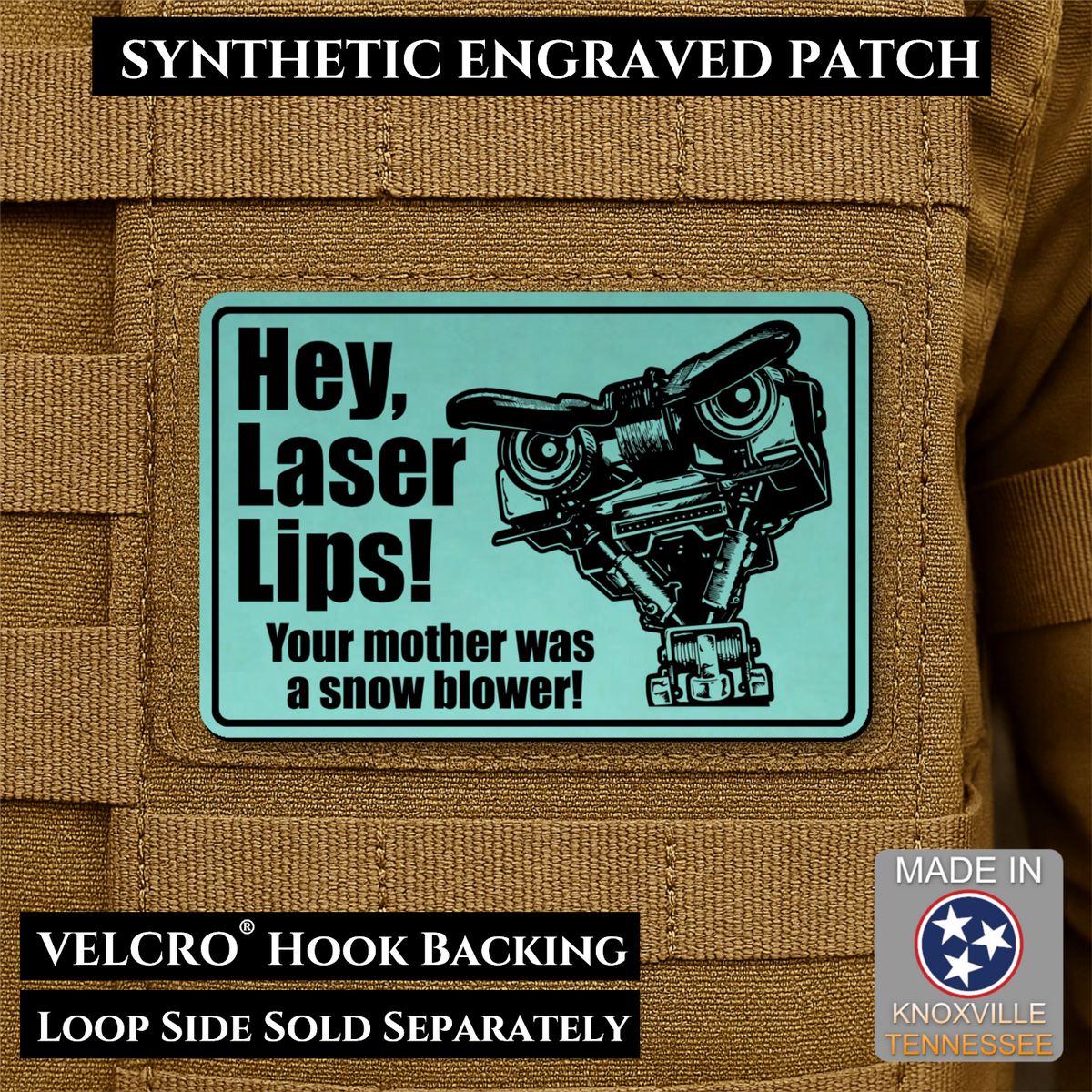 Hey Laser Lips, Johnny 5 Retro Funny Morale Patch, 2x3" | Made in USA | VELCRO® Brand Hook Backing