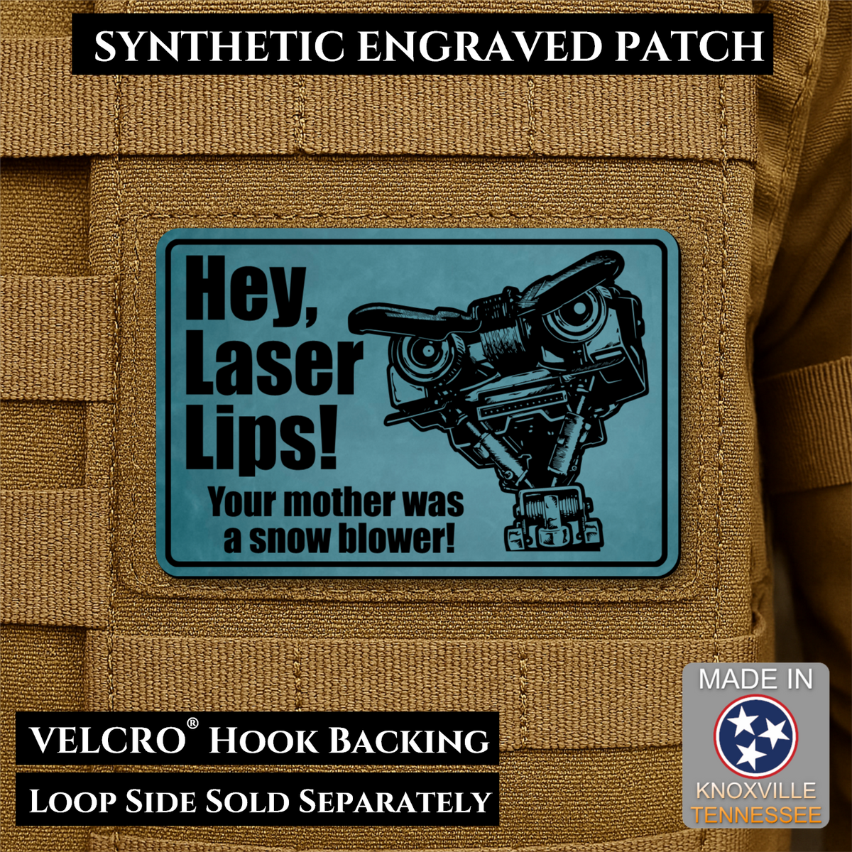 Hey Laser Lips, Johnny 5 Retro Funny Morale Patch, 2x3" | Made in USA | VELCRO® Brand Hook Backing