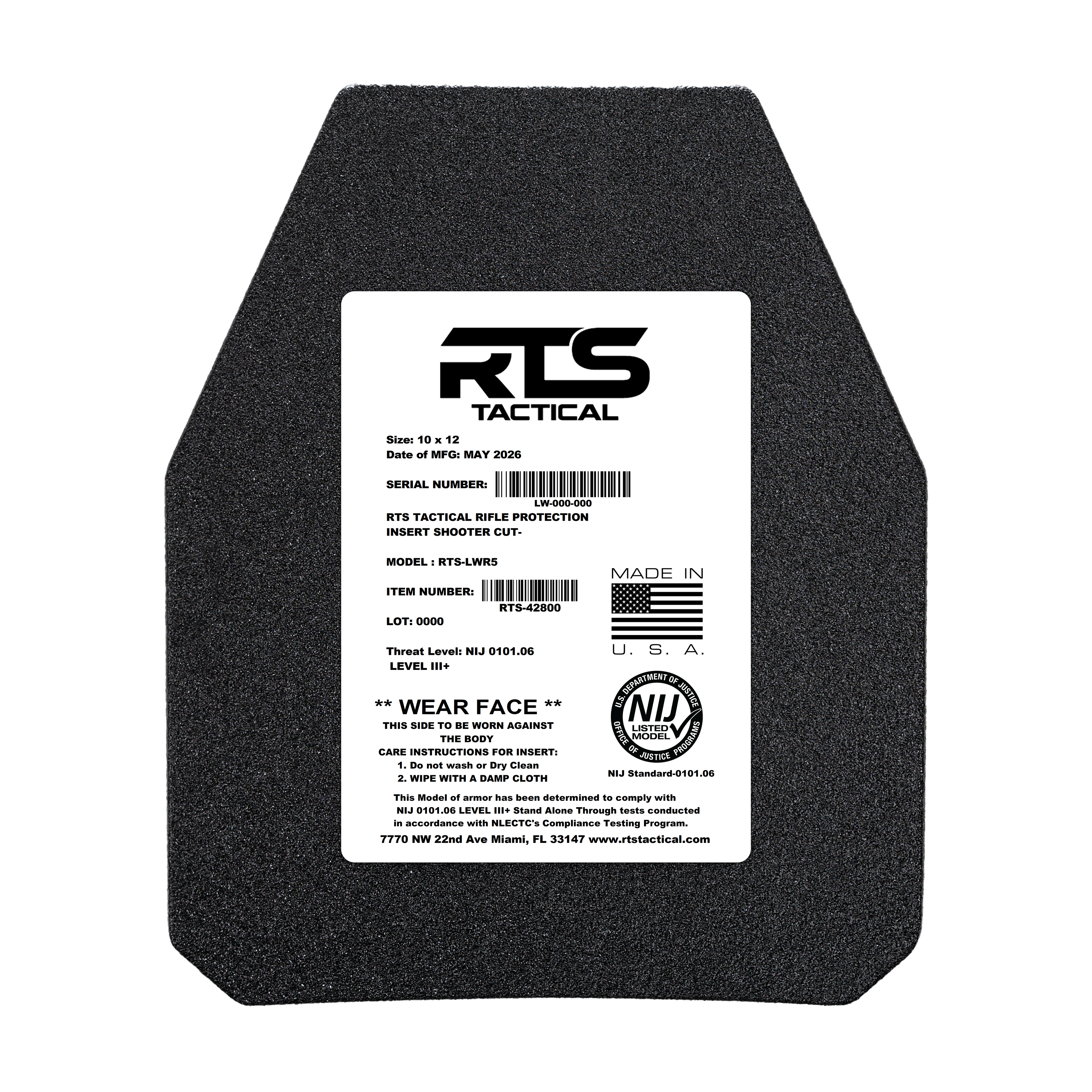 RTS Tactical LWR5 Rifle Special Threats NIJ 0101.06 Level III+ Insert - 10X12