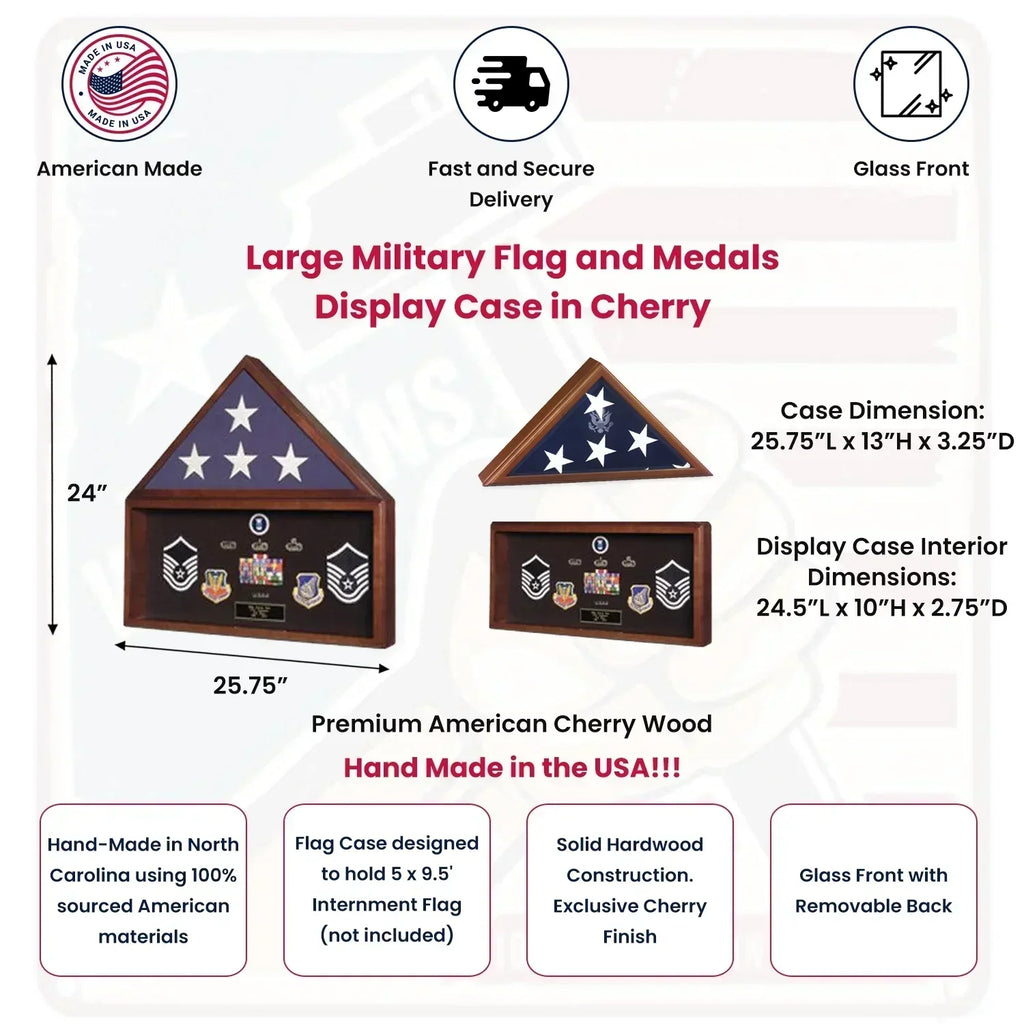 Large Flag and Memorabilia Display Cases - Cherry Case fit for a 5x9.5 flag