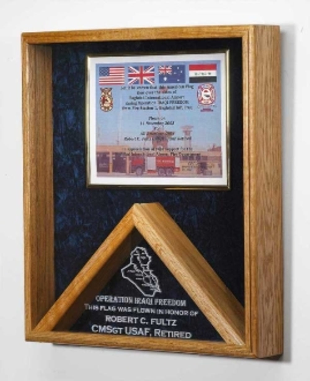 Military certificates and flag frames, combo flag case.