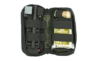 North American Rescue M-FAK Mini First Aid Kit -  Contains: 1 C-A-T Tourniquet -  1 ETD 4" Flat -  1 Gauze S-Rolled -  1 HyFin Compact Chest Seal Twin Pack -  1 Pair Nitrile Gloves in Large -  500 Denier Nylon Bag -  Black Finish