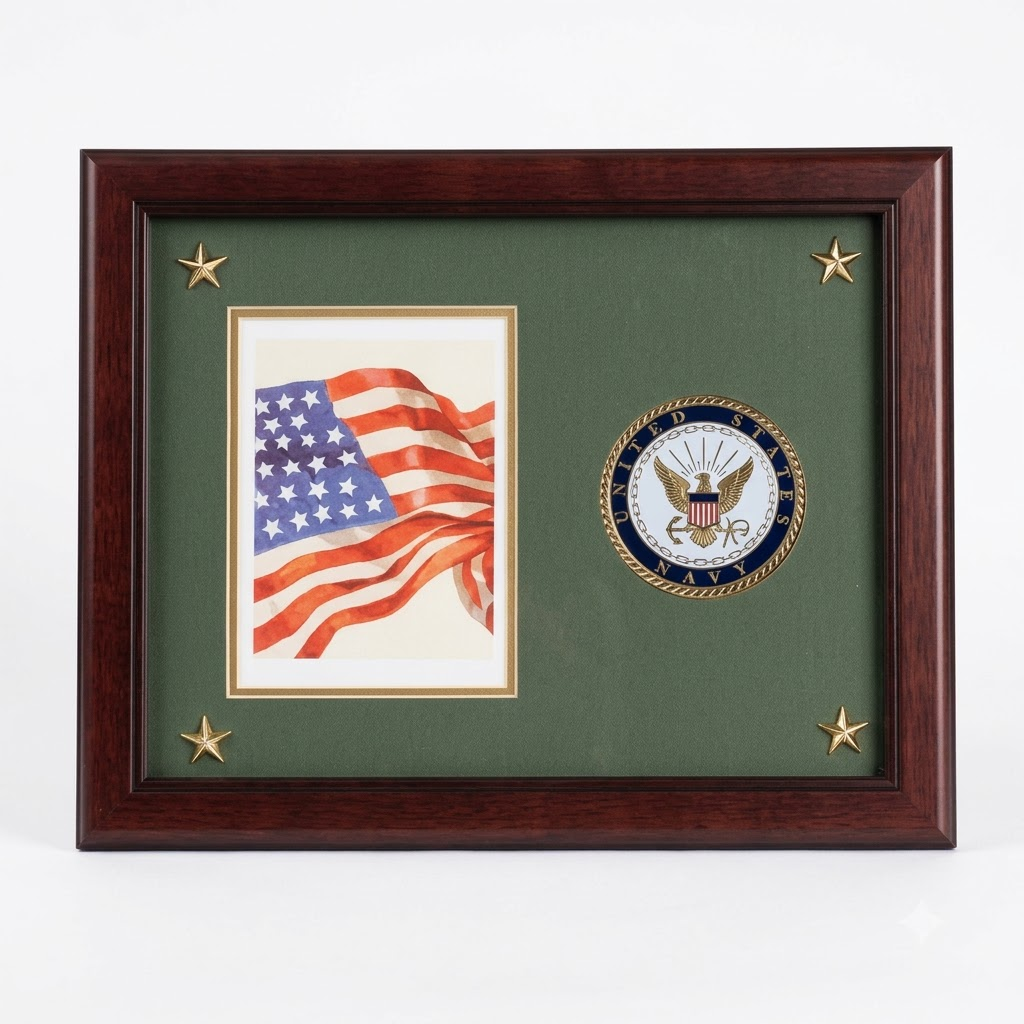 Navy Medallion Frame, Navy Photo and Medallion Frame , wood frame.