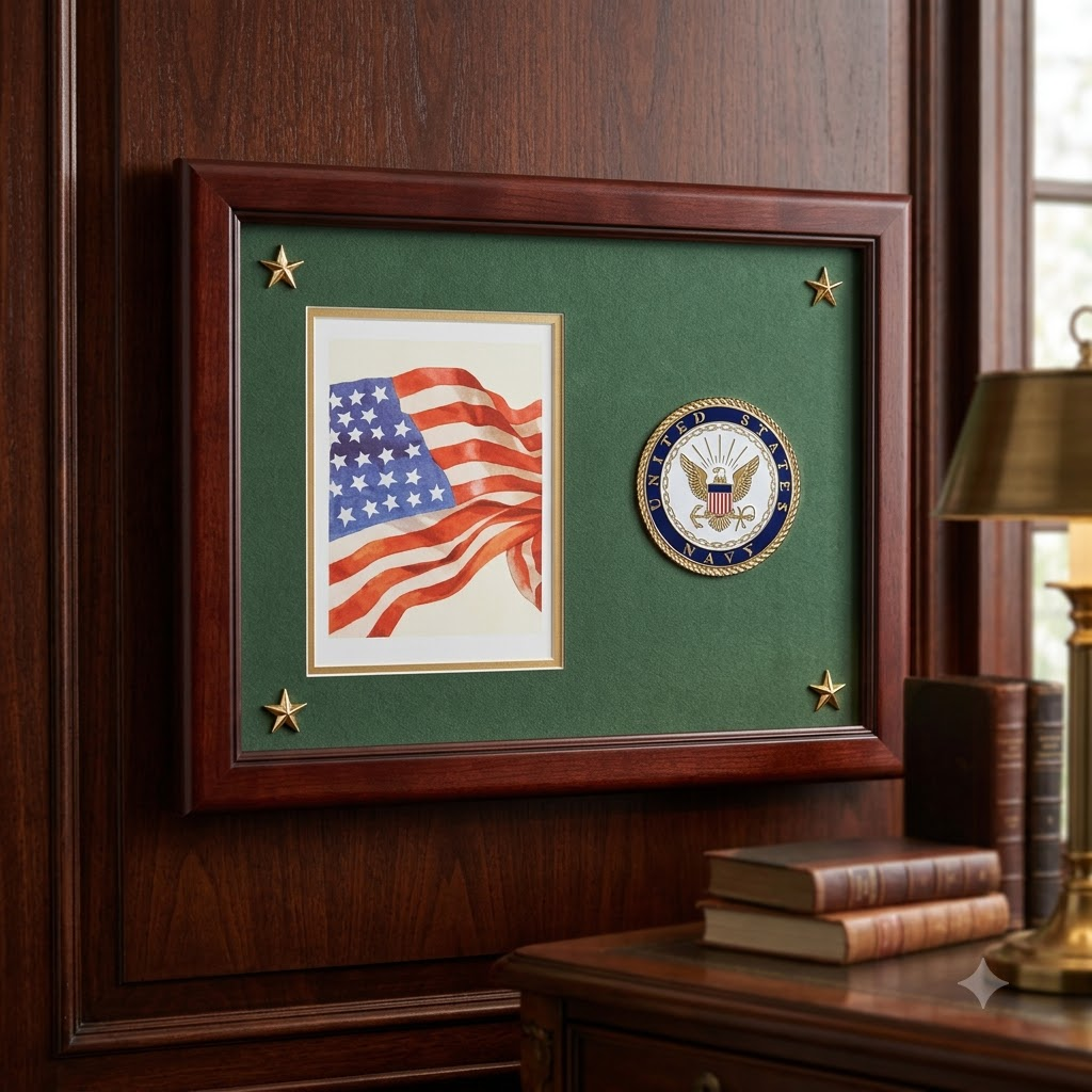 Navy Medallion Frame, Navy Photo and Medallion Frame , wood frame.