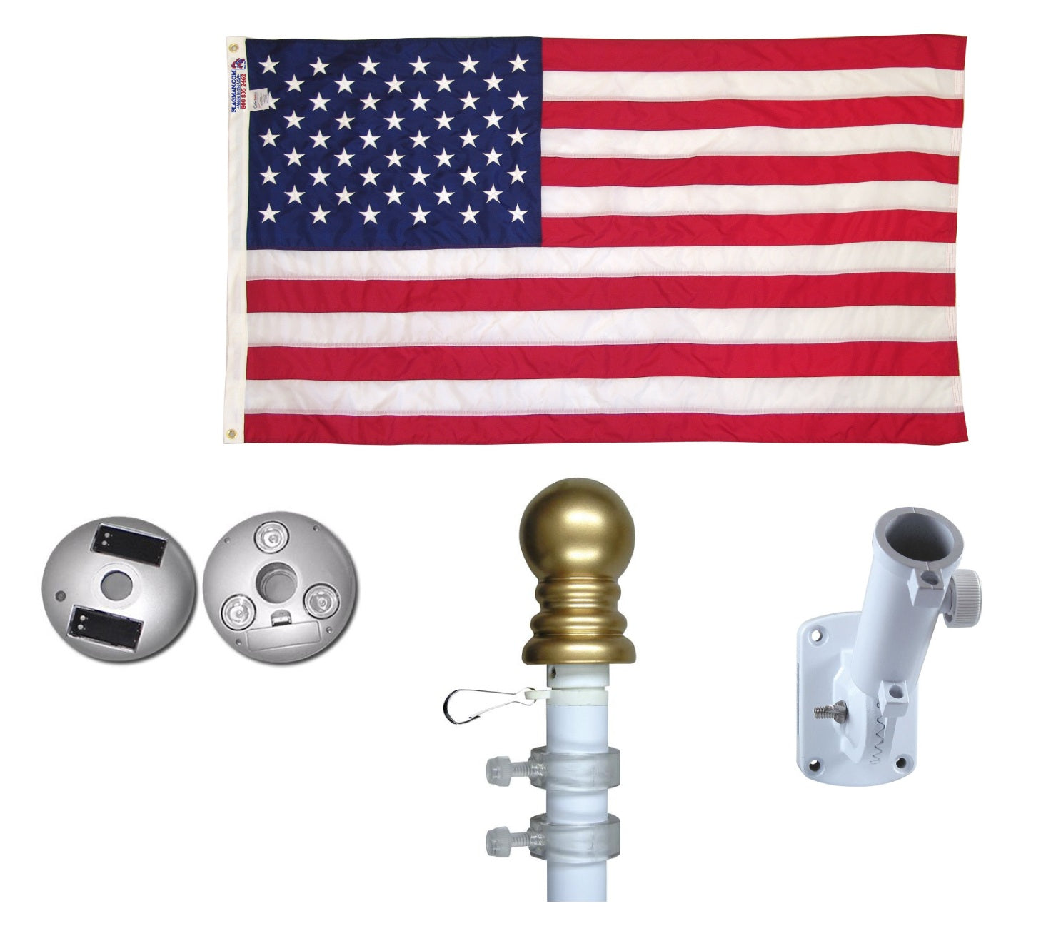 Illuminated Non Tangle Flagpole Kit w/ Flag, Adjustable Bracket, Aluminum Pole & Solar Light
