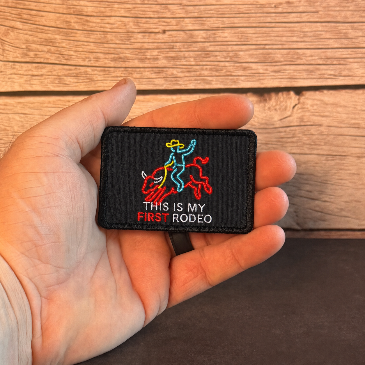 My First Rodeo Funny Morale Patch, 2x3" | Made in USA | VELCRO® Brand Hook Backing