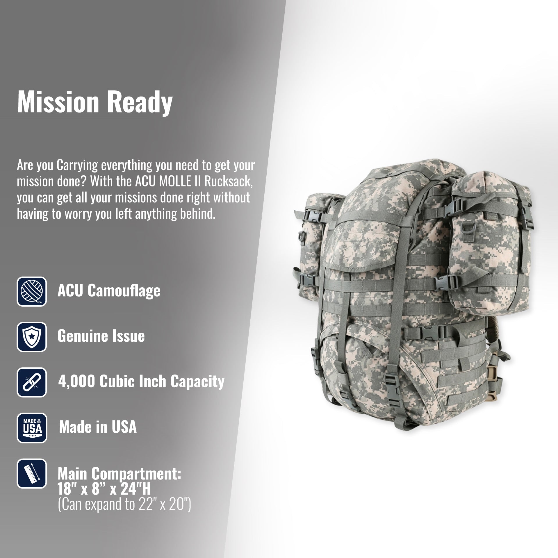 Large ACU MOLLE II Rucksack with Sustainment Pouches