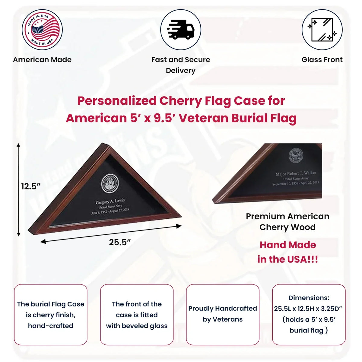 US Military Personalized Cherry Flag Case for American 5’x9.5’ Veteran Burial Flag