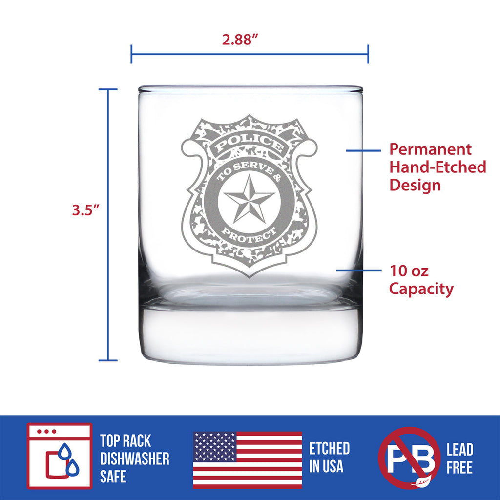 Police Badge Engraved 10 Oz Rocks or Old Fashioned Glass, Unique Gifts for Police Officers, Law Enforcement Gift