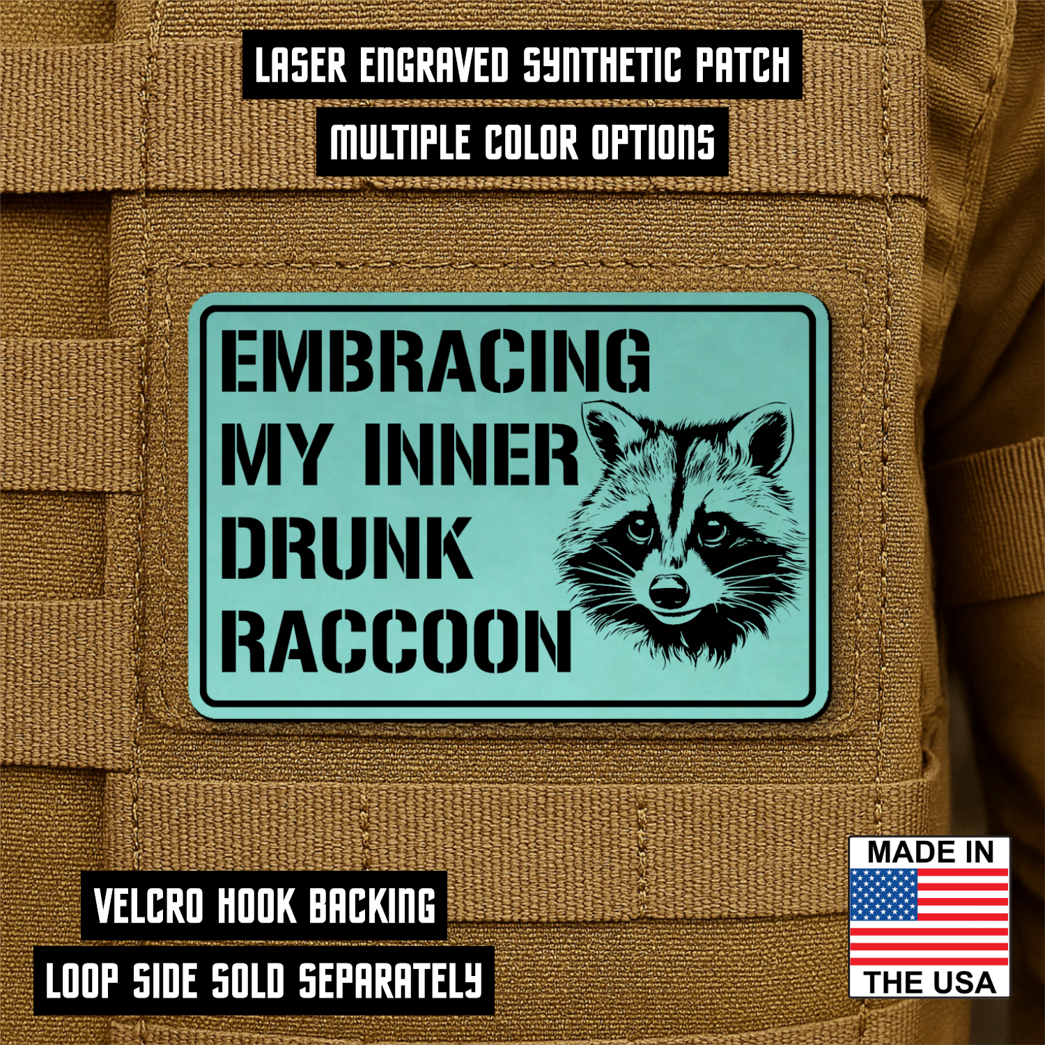 Inner Drunk Raccoon Funny Morale Patch, 2x3" | Made in USA | VELCRO® Brand Hook Backing