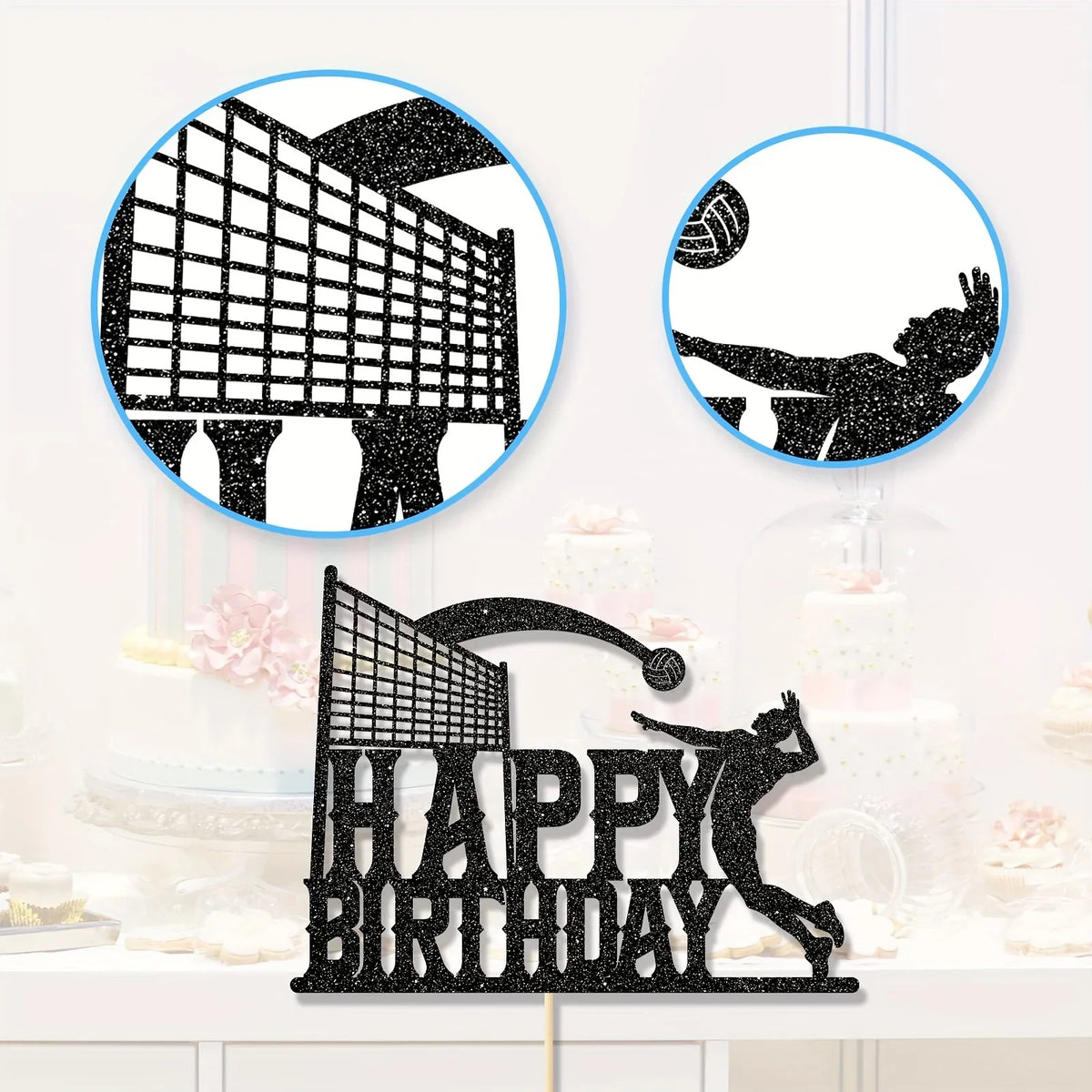 1pc Black Happy Birthday Cake Topper for Volleyball Party Theme, Cake Decoration, Photo Prop, Birthday Scene Setup