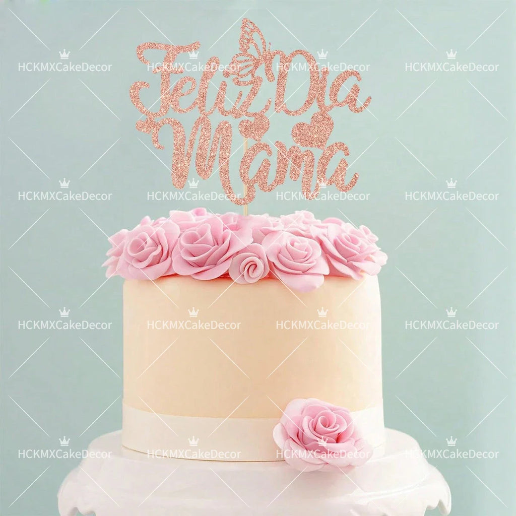 3pcs Feliz Cumpleanos Mama Cake Topper Pink Glitter Spanish Birthday Cake Decoration with Butterflies