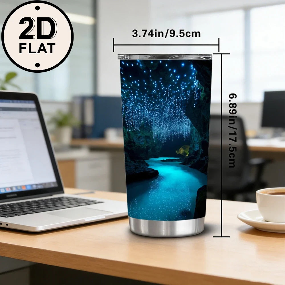 20oz Glowworm Cave Printed Stainless Steel Tumbler with Lid and Straw, Bioluminescent Underground River Blue Glow Landscape Vacuum Insulated Travel Coffee Mug Gifts for Nature Lovers