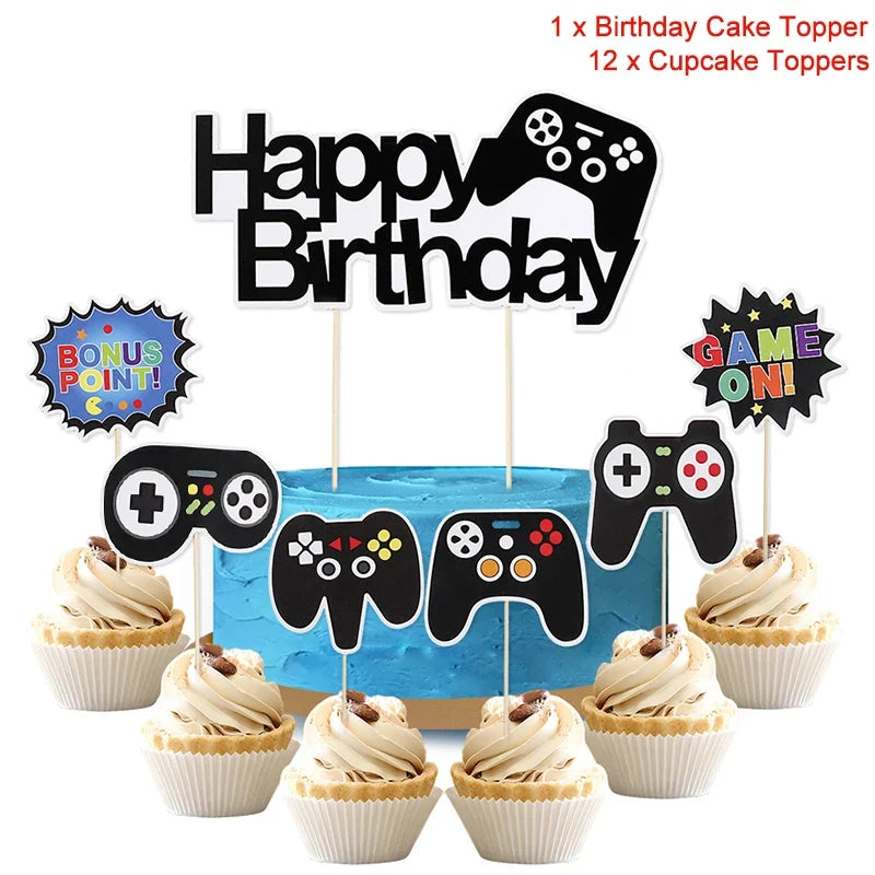 13Pcs/set Video Game Cake Toppers Game On Controllers Cupcake Picks Kids Boy Girl Happy Birthday Party Cake Decoration Supplies