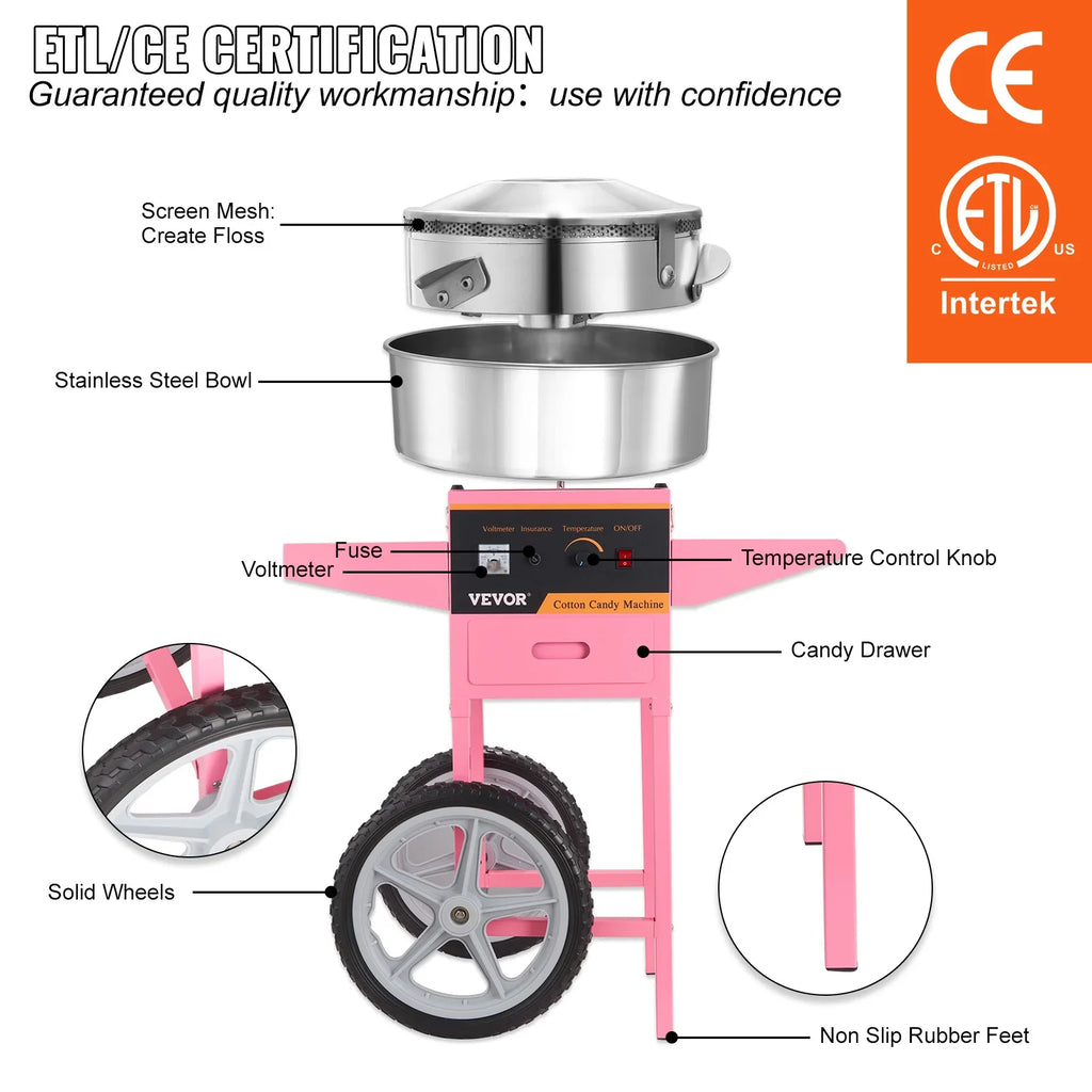 SucceBuy Electric Cotton Candy Machine with Cart 1000W Commercial Floss Maker with Stainless Steel Bowl Sugar Scoop and Drawer