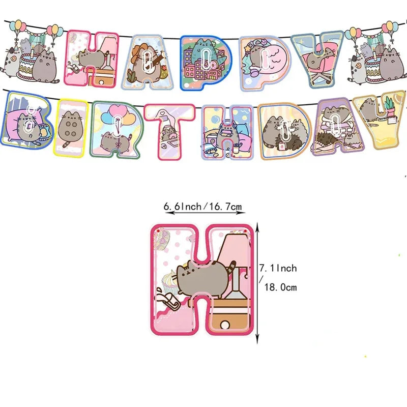 The Pusheen Cat Balloons Birthday Decoration Party Supplies Cartoon Grey Pet Fat Cat Theme Banner Backdrop Cake Topper Sticker