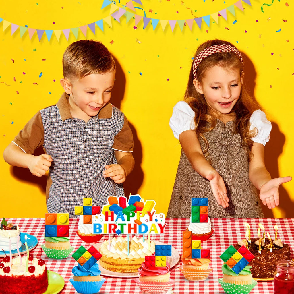 Building Blocks Cake Topper, 24 Pcs Building Block Birthday Party Cupcake Toppers + 1 Pcs Building Block Birthday Cake Topper