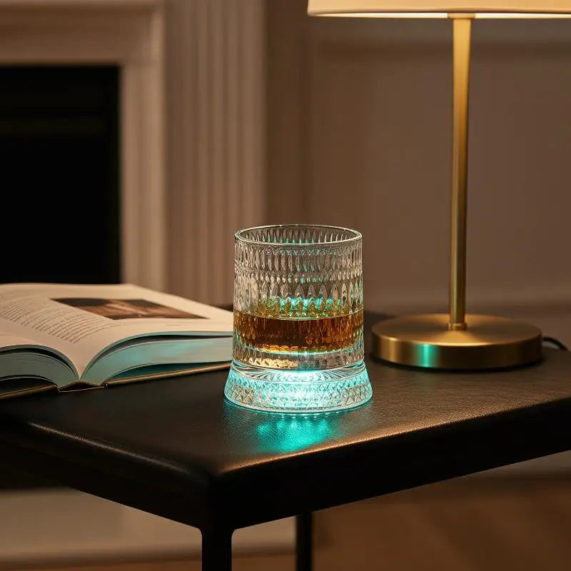 Rotating Glass Cup | 360° Base & Illuminated Cup Pad | Home Drinkware & Parties