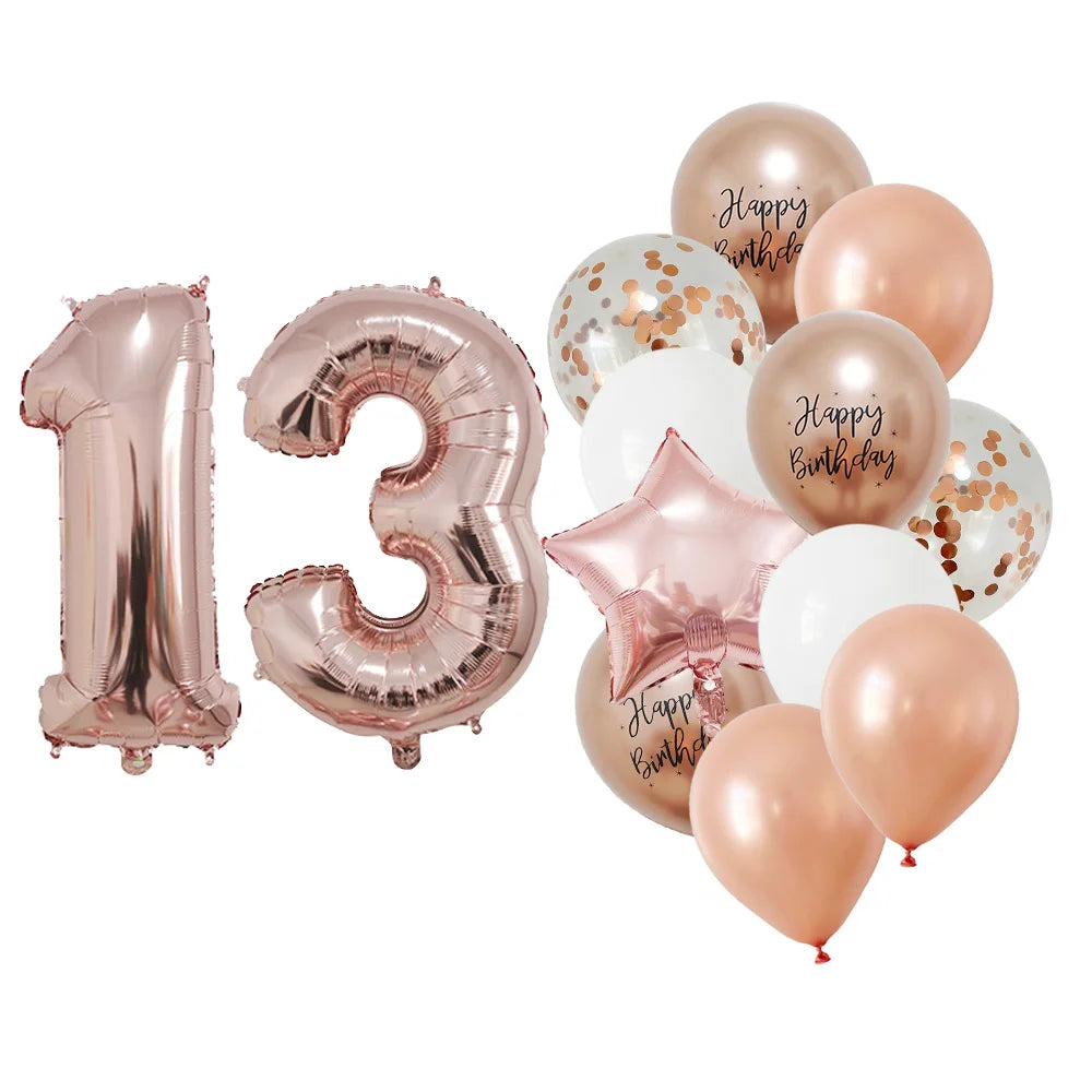 13 Pcs Rose Gold Mixed Balloons 32 Inch Foil Number Ball 10 11 12 13 14 15 Years Old Girls Birthday Party Decorations