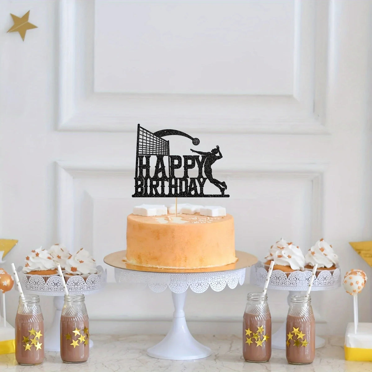 1pc Black Happy Birthday Cake Topper for Volleyball Party Theme, Cake Decoration, Photo Prop, Birthday Scene Setup