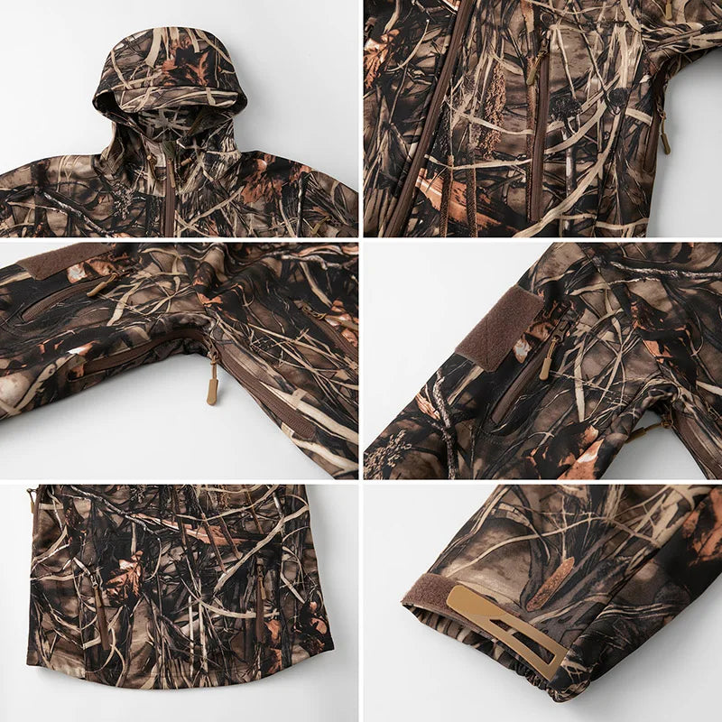 Silent Softshell Camouflage Hunting Jacket Men Waterproof Fleece Hooded Hunting Clothes Warm Outdoor Hiking Tactical Coat