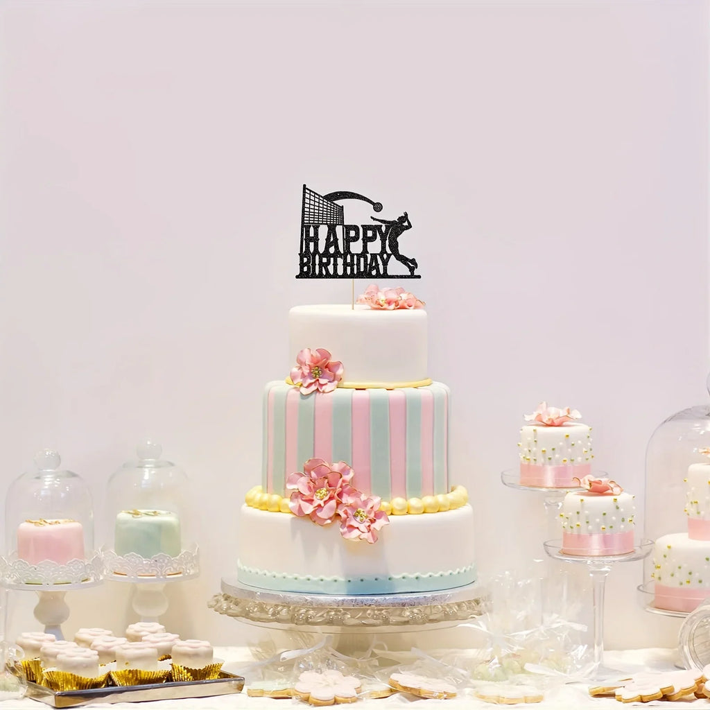 1pc Black Happy Birthday Cake Topper for Volleyball Party Theme, Cake Decoration, Photo Prop, Birthday Scene Setup