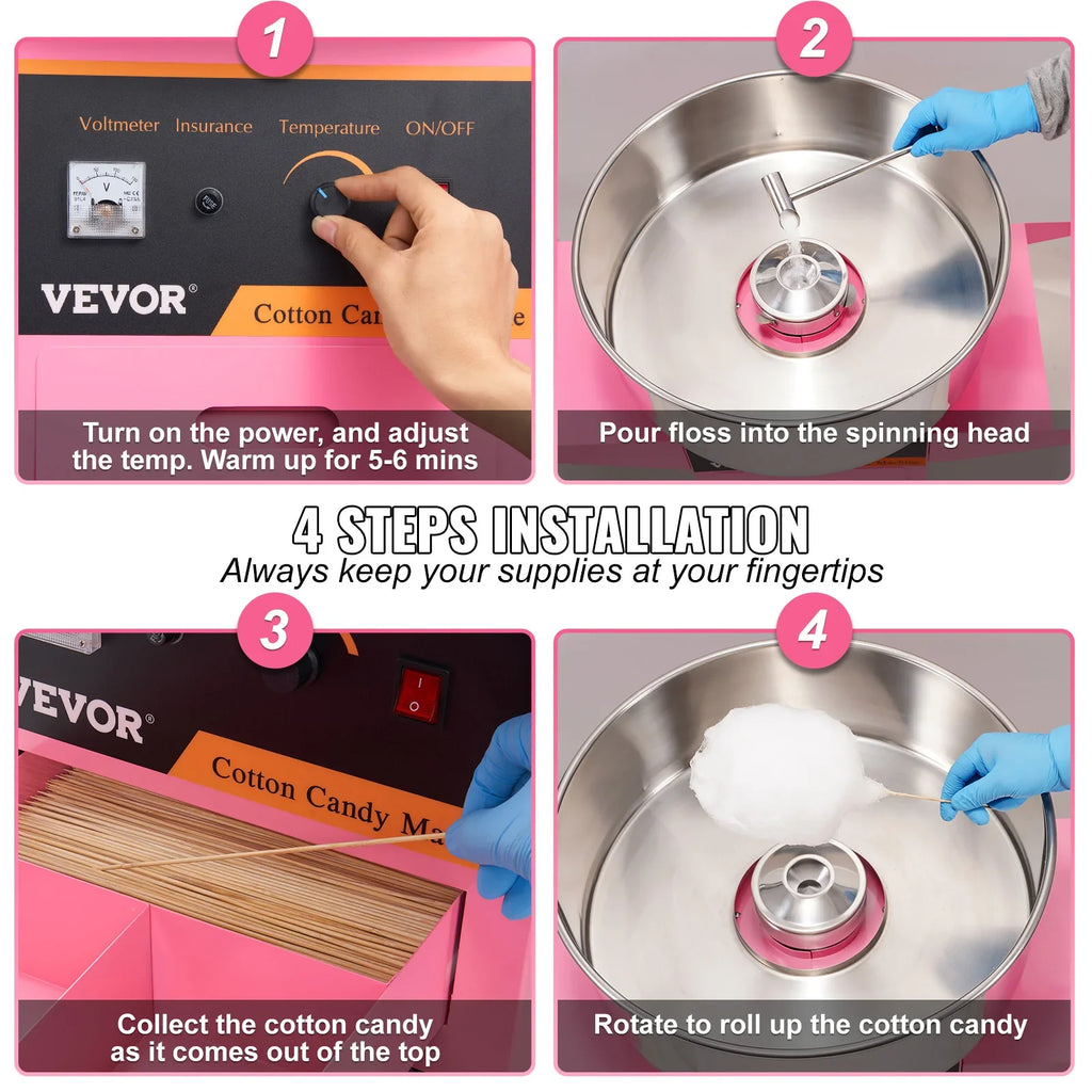 SucceBuy Electric Cotton Candy Machine with Cart 1000W Commercial Floss Maker with Stainless Steel Bowl Sugar Scoop and Drawer