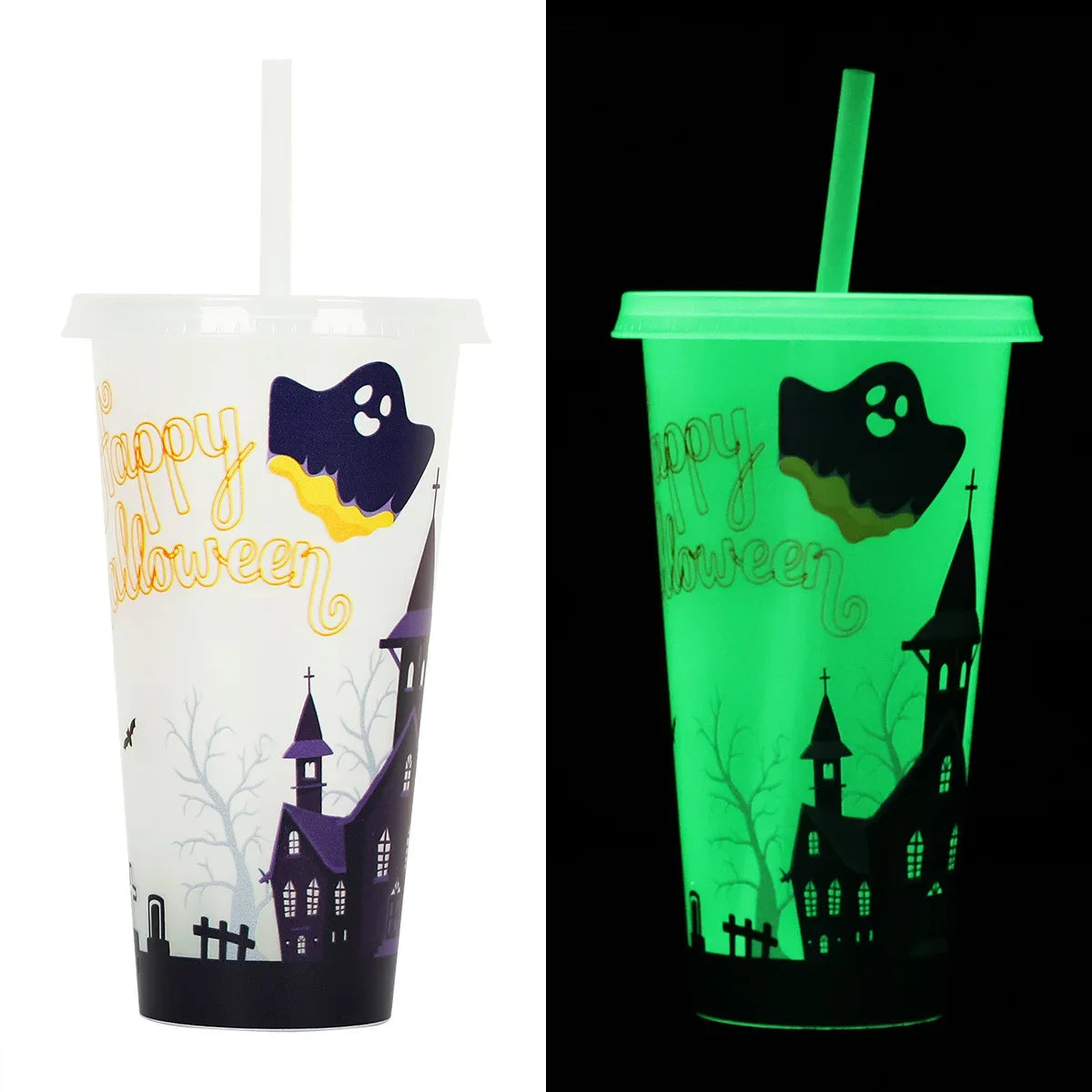 1PC 720ml Halloween Print Plastic Luminous Straw Cup Juice Milk Tea Coffee Cups for Party Supplies Funny Straw Cup Kitchen Drink