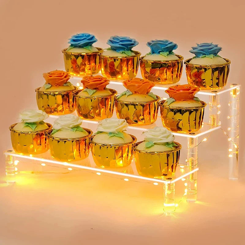 3 Tier Clear Square Cupcake Stand Premium Acrylic Cake Tower Display Holder With LED Light String For Wedding Birthday Party