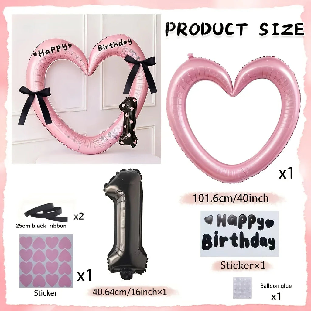 7Pcs 16inch Black Number Hollow-Out Heart Balloons and Heart Stickers Set, Includes 2 Number Balloons, 2 Stickers, 1 Glue Stick, 2 25cm Ribbons, for Birthday Parties, Wedding Anniversary Celebrations, Holiday Decorations