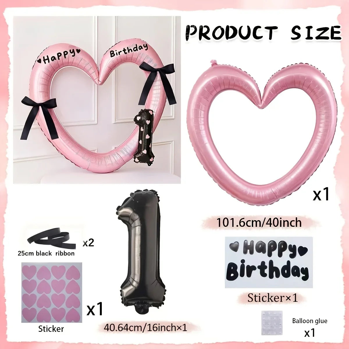 7Pcs 16inch Black Number Hollow-Out Heart Balloons and Heart Stickers Set, Includes 2 Number Balloons, 2 Stickers, 1 Glue Stick, 2 25cm Ribbons, for Birthday Parties, Wedding Anniversary Celebrations, Holiday Decorations