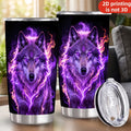 20oz Glowing Purple Fire Wolf Printed Stainless Steel Tumbler with Lid and Straw, Mystical Fantasy Spirit Animal Dark Gothic Vacuum Insulated Travel Coffee Mug Gifts for Men Women
