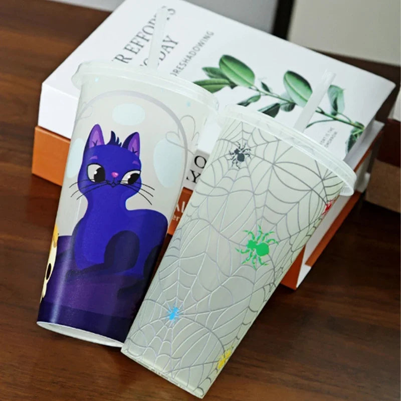 1PC 720ml Halloween Print Plastic Luminous Straw Cup Juice Milk Tea Coffee Cups for Party Supplies Funny Straw Cup Kitchen Drink